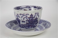 19TH C. TRANSFER HANDLELESS CUP AND SAUCER