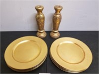 Set of 8 Gold Colored Plates W/ 2 Candle Holders