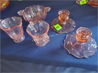 Pink glass candle holders(tiny chip); Cream &sugar