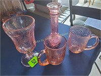 Pink Candlestick, 2 mugs and footed glass