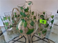 Painted ivy glass pitcher w/6 glasses