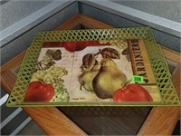 Green metal tray with pear design 21"x15" w/handls