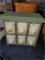 Green wooden chest w/ 6 porcelain painted drawers