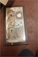 framed picture, bird house and birds