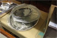 silver and glass serving trays, various sizes