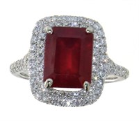 14kt Gold 6.11 ct Emerald Cut Ruby & Diamond Ring