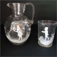 VICTORIAN HAND-BLOWN GLASS PITCHER & TUMBLER SET