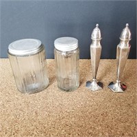 VTG SET OF GLASS CONTAINERS W/ LIDS & S+P SHAKERS