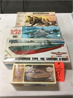 4 vintage models, sub, tank, gun, ship