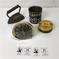 Vintage Lot - Planters, Iron, Clock, Tin