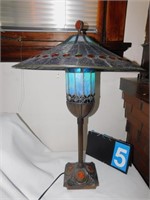 PURPLE, BLUE & GREEN STAINED-GLASS LAMP; URN