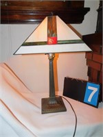 MISSION STYLE FOUR PANEL-STAINED GLASS LAMP; H: