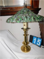 STAINED GLASS LAMP; RIBBED SHADE; H:26" W:20";