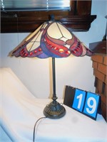 MODERN STAINED-GLASS LAMP; IRON HOOK & RINGS ON