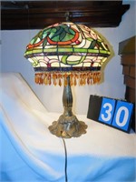 STAINED GLASS LAMP; LILY BASE; MUSHROOM TOP;