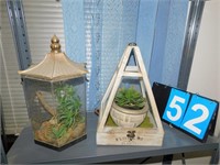 TWO TERRARIUMS; ONE WITH FAUX SUCCULENT SAYS