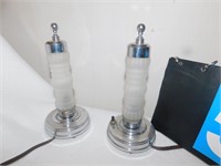 TWO RETRO FROSTED GLASS CENTER LAMPS; H:9"