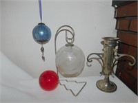 INDIA SILVER PLATED VASE; 3 GLASS BLOWN ORNAMENTS