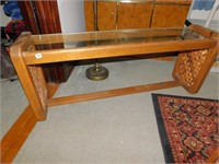 SOFA TABLE: WOOD WITH GLASS INSET; H:24" W:5'