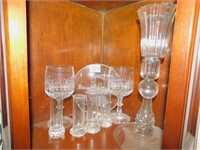ETCHED STEAMBOAT PIECE; WINE GLASSES; BUD VASES;