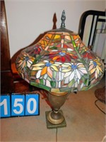 FLORAL STAINED-GLASS LAMP; METAL VASE BASE; TWO