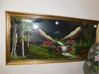 PAINTED NIGHT SCENE PICTURE WITH GOLD FRAME 18"H