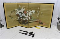 Vintage Japanese Hand Painted Silk Folding Screen
