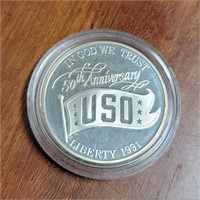 1991s USO 50th Anniversary Silver Dollar 90%