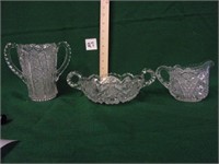 pressed glass basket, bowl, pitcher