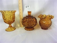 3 pcs. amber glass (vases/covered dish)