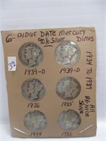 6- Older Date Silver Mercury Dimes 90% silver