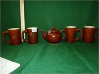 pottery tea pot, 4 pottery mugs