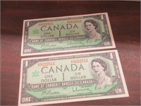 TWO 1954 IN SEQUENCE CAN ONE DOLLAR BANK NOTES