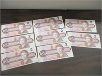 8 1986 IN SEQUENCE CAN $2 DOLLAR BANK NOTES