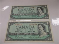 2 1954 IN SEQUENCE CANADA 1 DOLLAR BANK NOTES