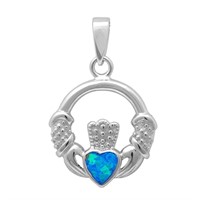 Heart Shape Blue Opal Claddagh Pendant