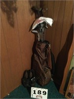 Vintage golf clubs with bag and shoes