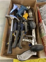 Tool collection. Brace, hacksaw, tinsnips, hammer