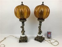 2 lampes de bureau à globe en verre ambre, vintage