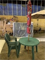 PLASTIC TABLES, 3 CHAIRS, UMBRELLA