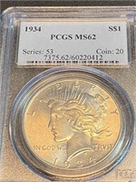 1934 MS 62 PCGS Peace Silver Dollar