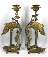 French Chinese Bronze Crane on Turtle Candlesticks