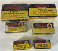 Six vintage western ammo boxes fragile condition
