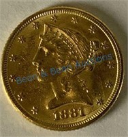 1881 uncirculated five dollar gold piece
