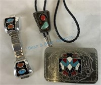 Turquoise and coral silver watch bolo and nickel