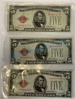 Group of 3, 1928 red seal $5 bills
