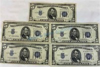 Group of 5, $5 dollar silver certificates