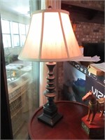 Two Metal Lamps with Beige Lamp Shade.