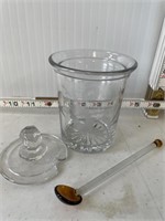 Etched Glass Mustard Pot With Lid and Spoon