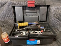 black tool box and assorted tools